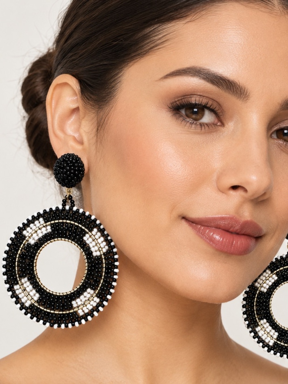 Black White Beaded Statement Earrings Oversized Boho Hoop Dangle